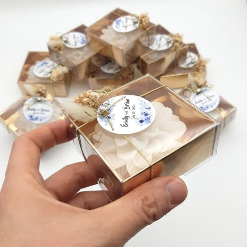 cadeau mariage invité bougie lotus personnalisée, 50 Pièces remerciement Idée petit cadeau pour merci baptêmes our mariage, cadeaux de fête, fiançailles, anniversaire, Noël, baptême (blanc)