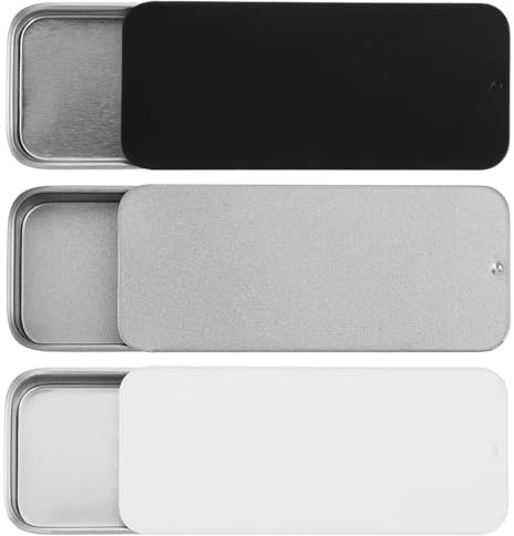 3 PCS Mini Metal Tin Box Containers, Slide Top, Rectangular, Small Metal Tins for Jewelry, Crafts, Candies, Portable Storage Tin Box, Silver, Black, White
