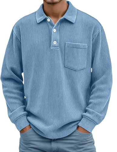 Jersey para hombre, polo de invierno, elegante, vintage, jersey de invierno con cuello, camiseta de manga larga, polo de negocios, camiseta gruesa con botones, sin capucha, jersey de punto, O blue1