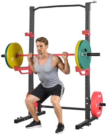 VEVOR Cage de Musculation Multifonctionnelle, Rack à Squats avec Crochets en J Réglables, Station de Musculation pour Squats Développés Couchés Tractions Gym et Domicile, avec Barres de Sécurité