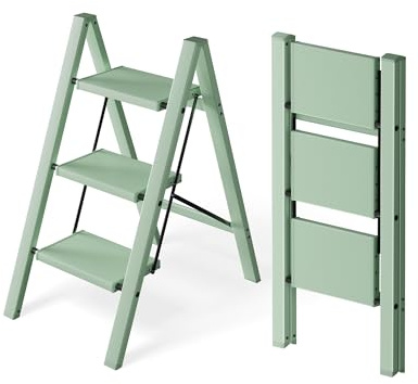 Attestierer Échelle Pliable 3 Marches, Tabouret Escalier Aluminium | Capacité 150 Kg, Échelle Pieds Antidérapants & Larges Marches, Usage Intérieur-Extérieur, Minimaliste, Vert Clair