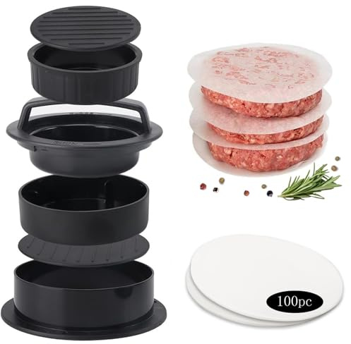 Hamburger Press Patty Maker, Burger Press,Hamburger Press, 3 in 1 Non Stick Patty Mold, Patty Maker Grill Accessory for Outdoor Cooking, BBQ, Tailgates, Camping,With 100Pcs Hamburger Patty Paper