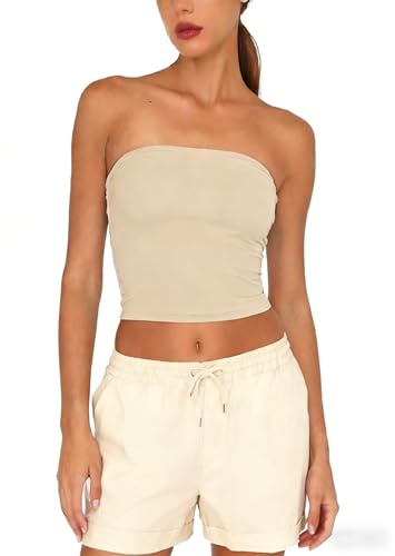 Women Tube Tops Strapless Crop Tops Basic Backless Sleeveless Going Out Outfits Clothes(Khaki,M)