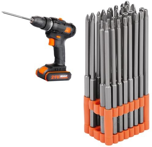 BRIMIX 32 pc Juego de Puntas Extra Largas 150 mm de Destornillador de Acero S2,Resistentes y Duraderas, Incluir Torx, Phillips, Allen, Plana, Doble, Seguridad, con Soporte Organizador,Para Taladros
