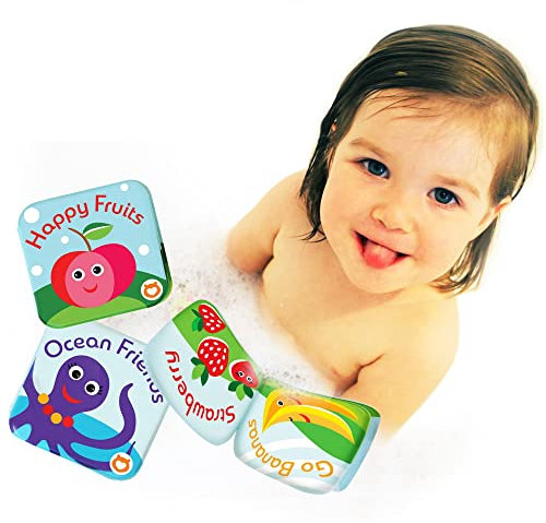 Livres de Bain pour bébés Flottant (Set de 2 Livres) par Baby Bibi. Jouets éducationnels étanches pour bébés. Apprendre et Jouer à l’Heure du Bain. Fruits et Animaux Marins 3.5”x3.5”