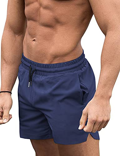 COOFANDY Men Beach Shorts Bathing Suit Fashion Square Cut Boxer Brief Beachwear Navy Blue