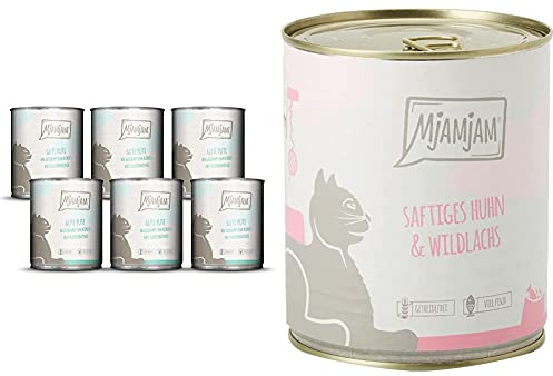 MjAMjAM - Premium Nassfutter für Katzen - Gute Pute an gedämpftem Kürbis, 6er Pack (6 x 800 g) & Premium Nassfutter für Katzen - saftiges Huhn und wildlachs, 6er Pack (6 x 800 g)