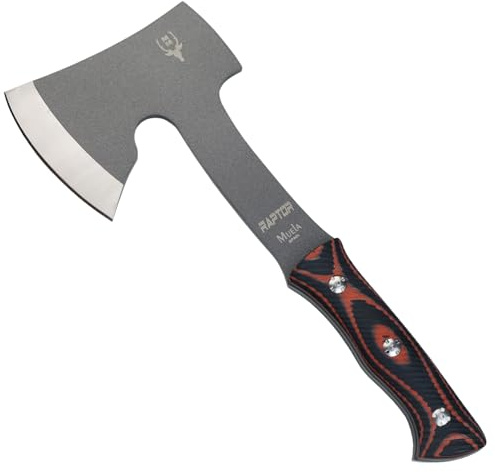 ELECTROPOLIS Hacha de Campo Muela Raptor, con Mango Micarta Texturizada, Acero Mova con Recubrimiento Antifricción PTFE. Incluye Funda de Cuero Negra + Tarjeta Multiusos de Regalo.