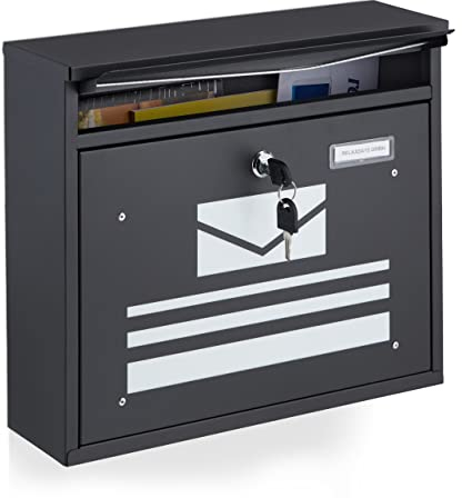 Relaxdays Boîte aux Lettres, Motif, Coffre à Journaux Verrouillable, HxLxP : 31x36x11 cm, Acier Revêtu par Poudre, Noir