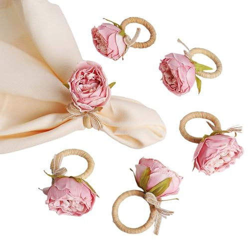 Handcraft Flower Napkin Rings Set of 6,Pink Peony Flower Handmade Napkin Holder Rings Table Decorations for Summer,Wedding,Luncheons,Picnics,Banquet, Birthday,Christmas,Valentine's, Thanksgiving