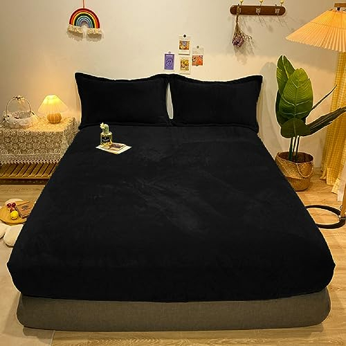 Warme Winter Spannbettlaken Bettlaken Fleece 160x200 Schwarz Flausch Cashmere Touch Teddy Plüsch Flanell Kuschelige Flauschige Bett Spannbetttuch Weich für Boxspringbetten Topper 30 cm Hohe Matratzen