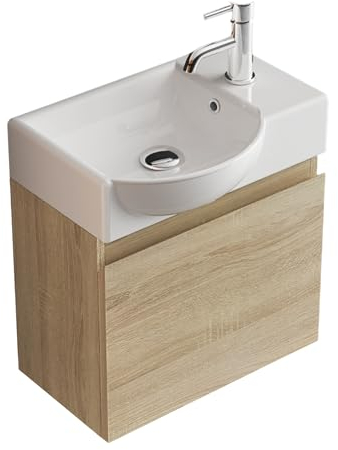 Alpenberger Waschtisch mit Unterschrank | Gäste WC Waschbecken Klein 45 cm Breit | Aufsatzwaschbecken mit Waschbeckenunterschrank | Badmöbel Hängeschrank | Waschtischunterschrank Eiche Hell