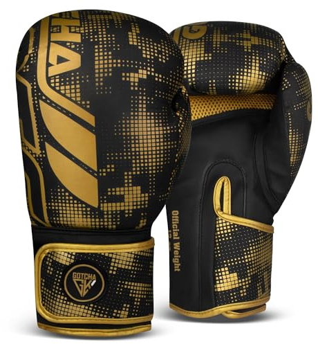 Gotchakart Guantoni da boxe da uomo, guanti da MMA, kickboxing, sparring, guanti da allenamento per sacco da boxe nero dorato 12 oz, guanti da boxe da donna