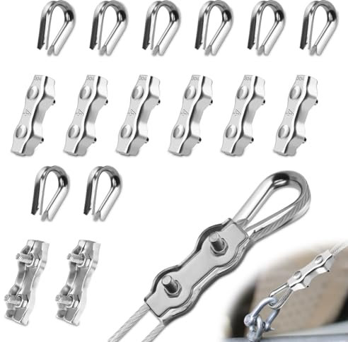 Mbsomnus Juego de 16 abrazaderas de cable de alambre M4 con 8 pinzas de cuerda de 4 mm y 8 piezas de cuerda de alambre de 4 mm, acero inoxidable 304, pinzas dúplex para cable de acero, tensor de
