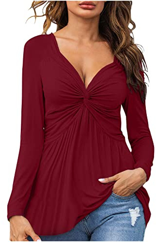 Camisetas Manga Larga Mujer,Sexy Camiseta Mujer Camiseta Túnica Larga de Escote de Lazo Blusa Mujer con Cuello en V Informal Moda Color Sólido Multicolor Camisa Mujer Sueltos Tops Mujer
