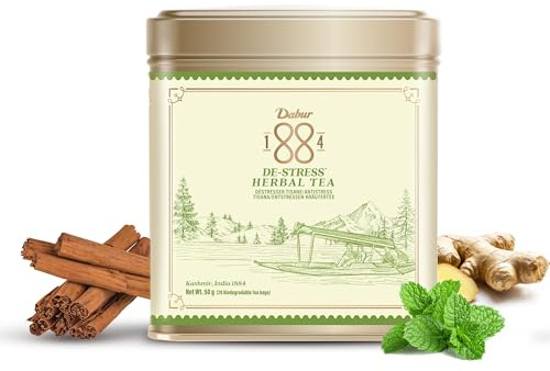 Dabur 1884 De-stress Herbal Tea - Tisana rilassante - Miscela di zenzero, cannella, basilico sacro e citronella | 2,5 g x 20 Bustine da tè Biodegradabili