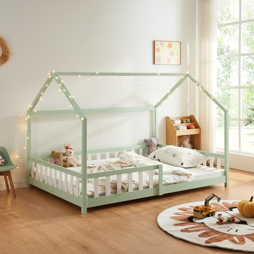 [en.casa] Letto per Cameretta a Forma di Casetta con Sbarre Letto Piazza e Mezza per Bambini Struttura in Legno di Pino 120 x 200 cm Menta Verde