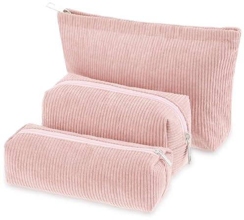 Hshenjhu Lot de 3 Trousse de Maquillage en Velours côtelé, Trousse de Toilette Femme, Pochette Maquillage Portable, Grande capacité Makeup Bag (Rose)