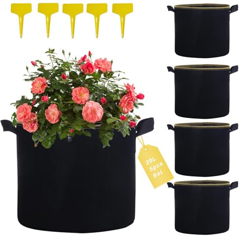 Zyluniy Sac de Plantation 20L 5 pièces avec 5 étiquettes de Plantes, Sac à Pommes de Terre pour Planter avec poignée, Sacs de Plantation pour l'extérieur pour Les Pommes de Terre, Fruits, tomates