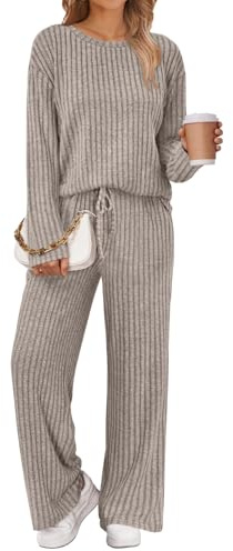 LILLUSORY Womens Lounge Sets 2 Piece Matching Pajamas Fall Fashion 2026 Ribbed Knit Outfits Long Sleeve Casual Sweatsuits Trendy Plus Size Sweaters Cute Sleep Wears Travel Soft Clothes Khaki L