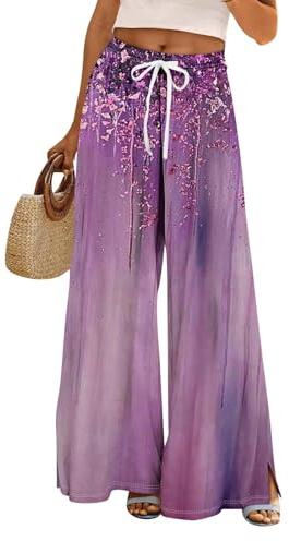 Uwdiohq Pantalon Fluide Femme été Pantalons Bohême Taille Haute Elastique Jambe Large Ample Léger Imprimé Pantalon Décontractée Longueur Pants Chic et Elegant avec Poches