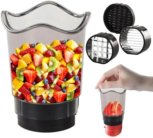 MUNTE Deux en un Trancheuse à Tasse, Coupe-fruits Amovible avec Conteneur, Détachable Trancheuse de Gobelets, Coupe Frites Manuel avec Housse de Protection, aux Fraises, Bananes, Concombres