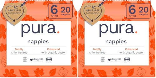 Pura Couches Écologiques, Taille 6 (13kg+), 2 Paquet (20 Pièces), Ultra Douces pour Peau Sensible, Coton Bio, Protection Contre les Fuites Jusqu'à 12 Heures
