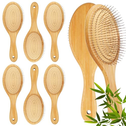 Ckhoid 6 Pcs Bamboo Hair Brushes Bulk Natural Wooden Paddle Brush with Steel Bristles for Women Men, Anti-Static Detangling Hairbrush Lightweight Massage Scalp Combs for All Hair types (Oval)