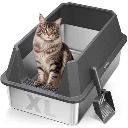 TEVILA Stainless Steel Litter Box with High Sides, XL High Sided Cat Litter Pan, Open Top Extra Large Metal Cat Litter Box, Non-Stick, Odor Free, Leakproof, Scoop Included, Gray