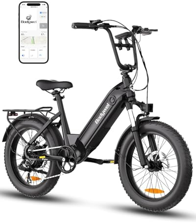 Bodywel Electric Bike for Adults, 20“ Fat Tire Ebike 250W 48V 15Ah Removable Battery, 7-Speed Gears, 50-80km Range, Electric Bicycle for Commute Mountain with 4.5“ LCD Display/APP (Black)