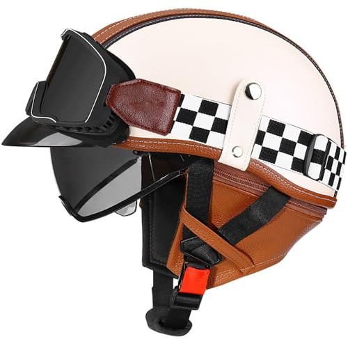WZGGTEAM Deutscher Retro Halbschalenhelm aus Leder - Hochfestes ABS-PC Visier, Herausnehmbares Innenfutter, Quick-Release-Verschluss, inkl. Schutzbrille, Ideal für Damen und Herren