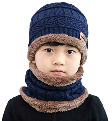 XYIYI Kids Winter Knit Hat and Scarf Set, 2Pcs Warm Fleece Lining Beanie Cap and Scarf for 5-14 Year Old Boys Girls (Blue)