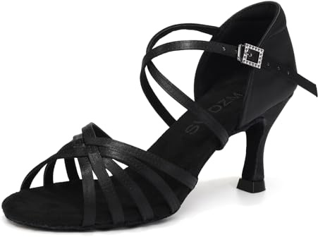SWDZM Women's Satin Latin Dance Shoes Ballroom Salsa Waltz Performance Practice Dancing Shoes,Heel 2 3/4'',Black,7 US