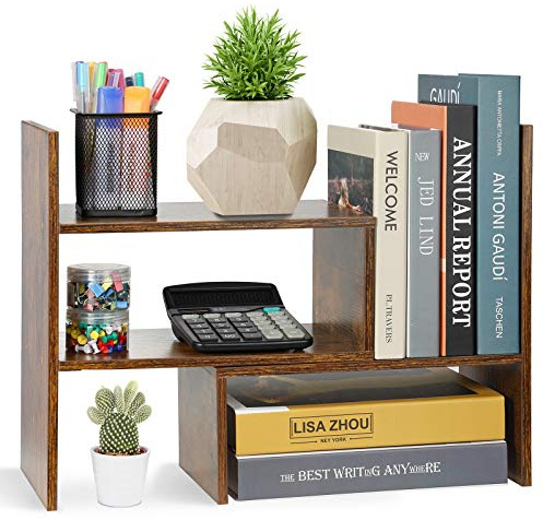 JIIKOOAI Wood Desk Storage Organizer, Desktop Display Shelf Rack, Rustic Bookshelf for Office & Home, Expandable Desktop Storage Rack, Free Style Display Natural Stand Shelf