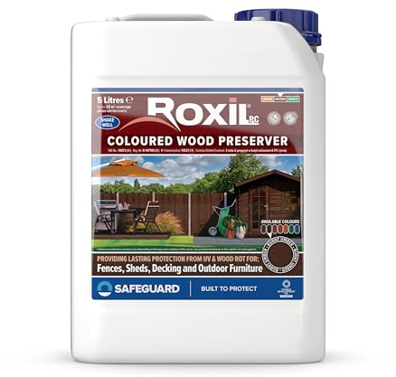 Roxil Wood Stain Preserver 5 Litre (Burnt Umber) Fast-Drying Satin Finish for Decking, Fence, Shed, Furniture. 5 Year Protection for Indoor & Outdoor