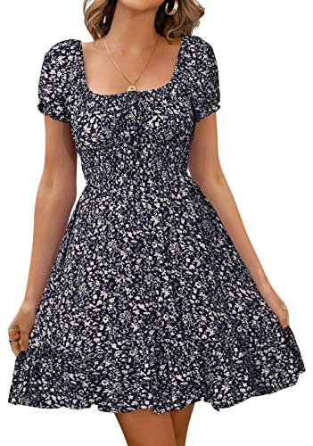 Livonmone Womens Summer Casual Sweetheart Neckline Puff Sleeve Floral Print High Waist Dress Boho Beach Mini Short Dresses
