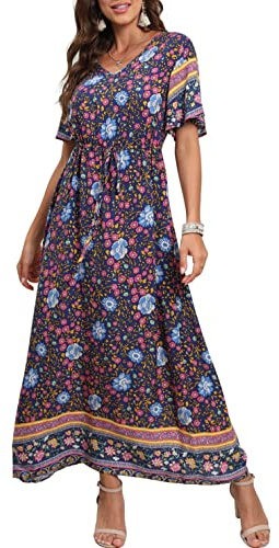 GRECERELLE Womens Summer Maxi Boho Beach Dress Floral Print Dress V Neck Short Sleeve Drawstring High Waist Flowy Long Midi Dresses (Dahlia Navy, L)