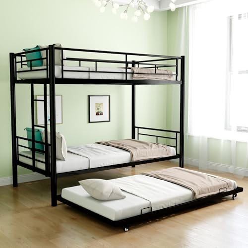 HomJoones Metal Bunk Bed with Trundle, Heavy Duty Bunk Beds Frame, Can Be Divided Into Two Bedframe, with 2 Side Ladders Convertible Bunkbed with Safety Guard Rails, No Box Spring Needed (Black)