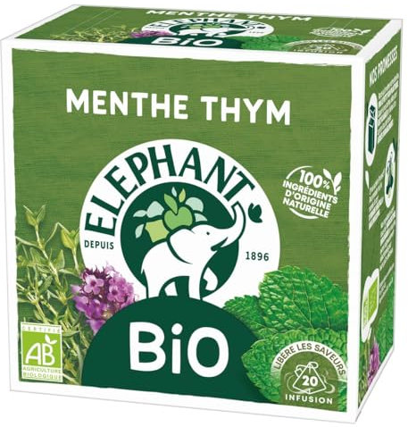 Elephant, Infusion Bio, Goût Menthe et Thym, Ingrédients d'Origine 100% Naturelle, Bien Etre et Relaxation, 20 Sachets Pyramid
