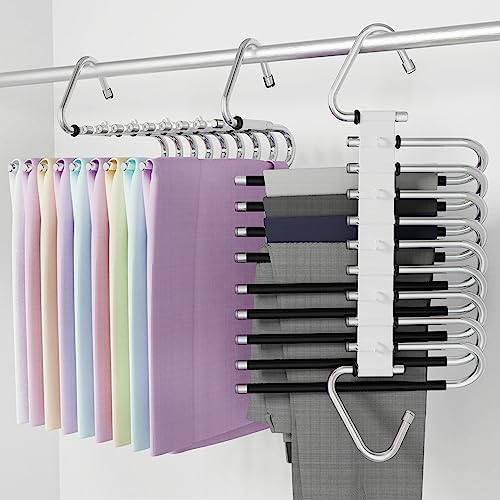 9 Etagen Hosenbügel Kleiderbügel Platzsparend 2 Stück Faltbare Multi Bügel Rutschfester, Multifunktionaler Schrank-Organizer aus mit Haken für Hosen,Schals,Jeans（Schwarz mit 10 Clips）