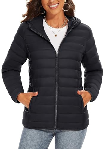 TAVCASEN Womens Puffer Jackets Casual Lightweight Down Coats Outdoor Zip Up Warm Soft Waterproof Quilted Jacket,Black,M