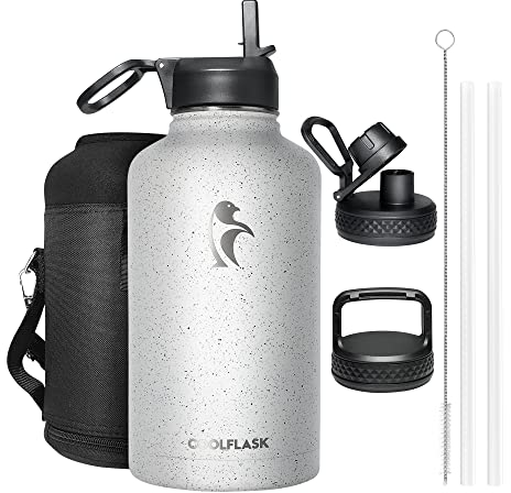 Coolflask Borraccia isolata 2 l, brocca d'acqua mezzo gallone con cannuccia, 3 coperchi, grande bottiglia termica acciaio inox, bottiglia sottovuoto palestra, sport e viaggi