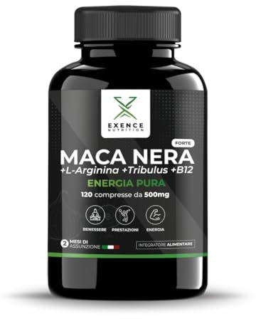 Exence Nutrition Maca Peruviana Nera Forte 10000mg con Tribulus Terrestris Alto Dosaggio, Arginina, Vitamine e Zinco 120 Compresse | Complex Originale per Uomo