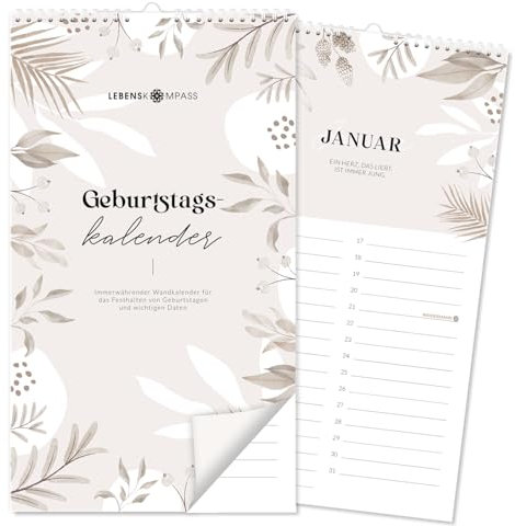 Lebenskompass® Geburtstagskalender Bloom 28 x 12cm - Wandkalender Jahresunabhängig - immerwährender Kalender für Geburtstage & andere Termine - Dauerkalender
