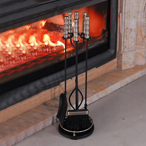 MREGLHUI Set Attrezzi per Camino 5 Pezzi, Base con Attizzatoio, Pinza, Paletta E Scopa,Metallo,Strumenti per Camino in Ferro Battuto Nero E Accessori per Caminetto per Interni,Nero,29.9in