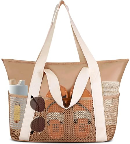Keyck Bolsa Playa Mujer, Bolso de Playa Impermeable con Cremallera Bolso Playa Grande XXL Familiar, Plegable Bolsa Juguetes Playa con Múltiples Bolsa Tote para Playa Viajes Piscina, Caqui