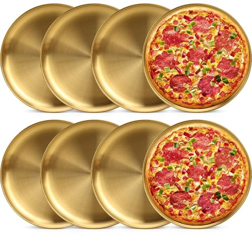 YEUIKERR 8 Pieces Gold Pizza Pan Bulk 12 inch Stainless Steel Pizza Pan for Oven, Round Pizza Baking Tray Heavy Duty Pizza Serving Tray, Pizza Baking Sheets for Home Kitchen Restaurant