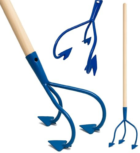 Crisalide® Azada de jardín de 3 dientes con mango de madera de 150 cm – Herramienta profesional para extraer malas hierbas, mover y airear el suelo – Azada cultivadora de metal robusto