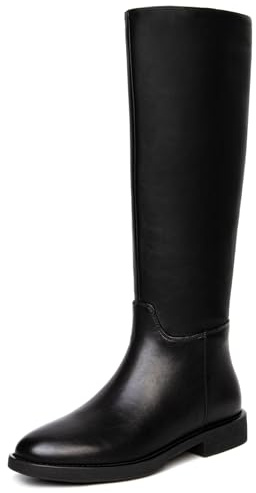 Bouwno Black Knee High Boots for Women Flat Round Toe Leather Side Zipper Chunky Low Heels Tall Long Riding Boots for Women