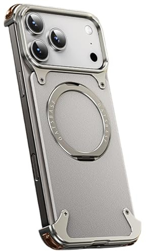 QANXGOG Coque pour iPhone 17 Pro Max, Cadre sans Cadre, Dos en Cuir Véritable, Bords Métalliques, Coins Antichoc, Protection De L'appareil Photo, Coque De Protection Fine, Gris